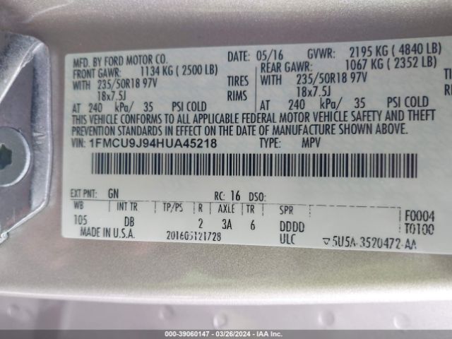 Photo 8 VIN: 1FMCU9J94HUA45218 - FORD ESCAPE 