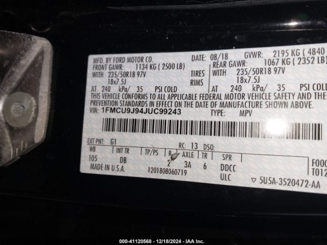 Photo 8 VIN: 1FMCU9J94JUC99243 - FORD ESCAPE 