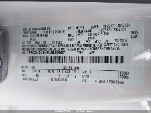 Photo 8 VIN: 1FMCU9J94KUB60957 - FORD ESCAPE 