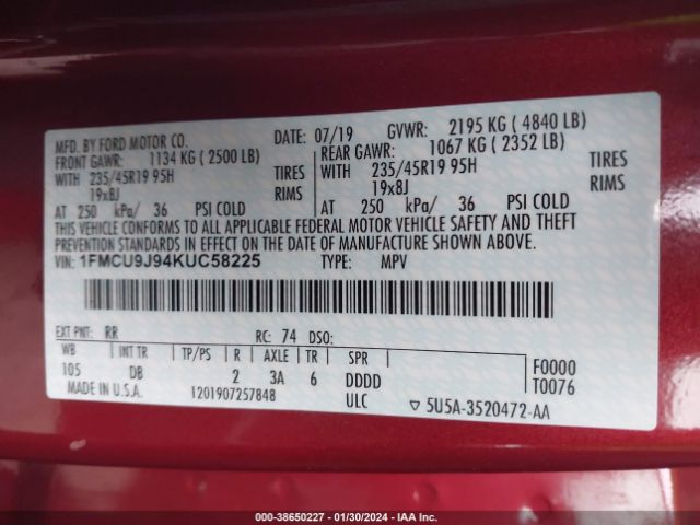 Photo 8 VIN: 1FMCU9J94KUC58225 - FORD ESCAPE 