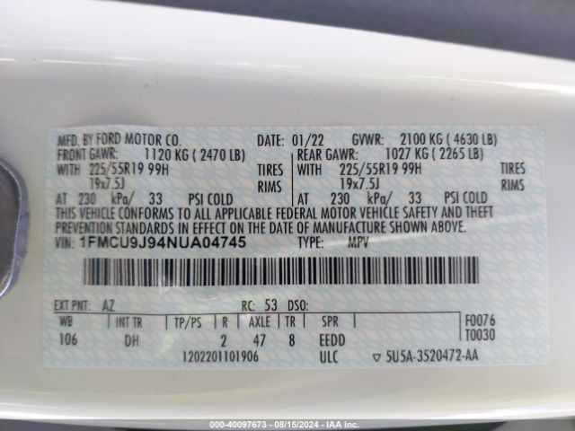 Photo 8 VIN: 1FMCU9J94NUA04745 - FORD ESCAPE 