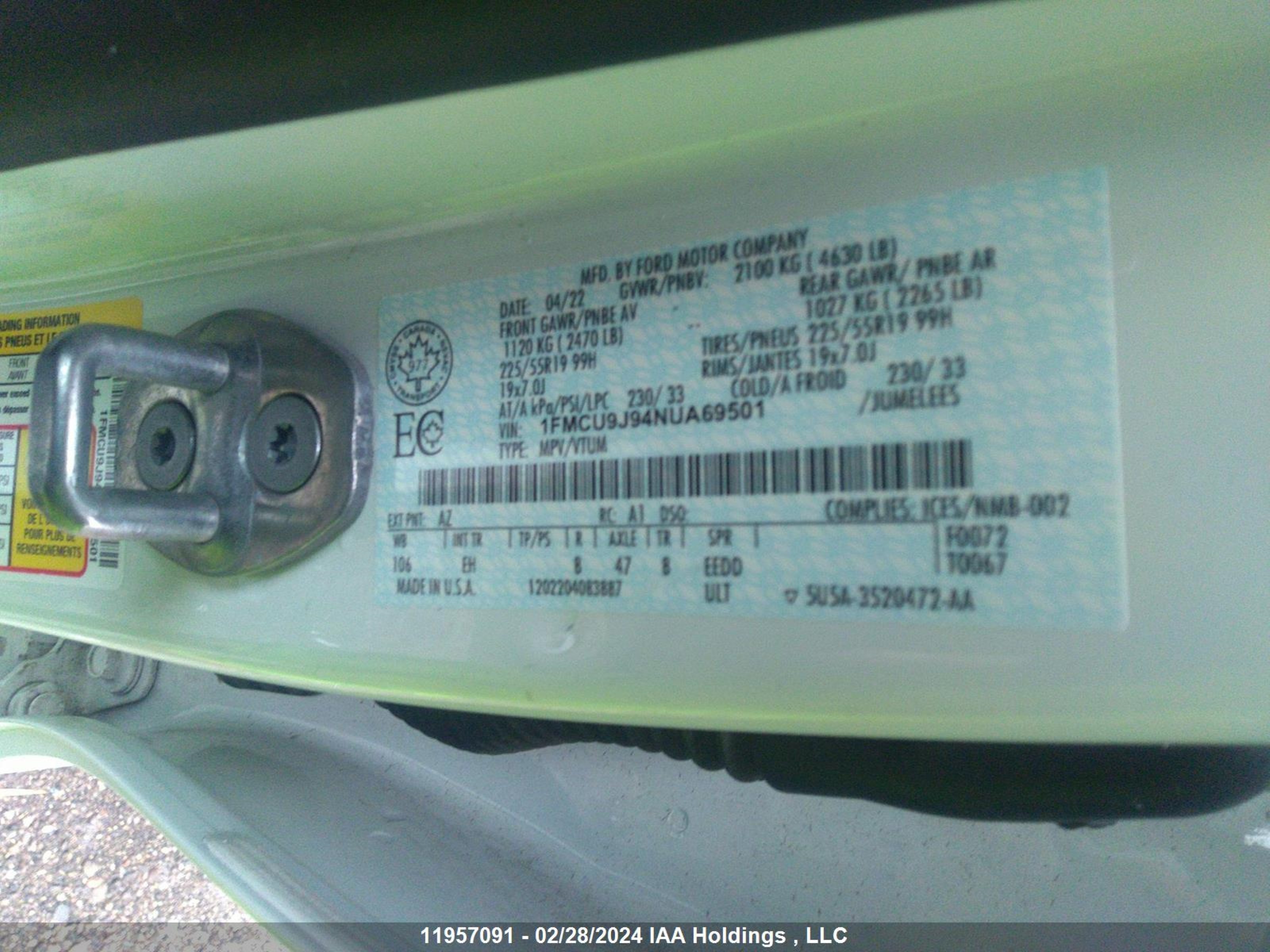 Photo 8 VIN: 1FMCU9J94NUA69501 - FORD ESCAPE 