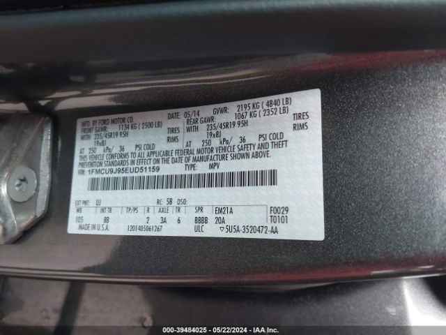 Photo 8 VIN: 1FMCU9J95EUD51159 - FORD ESCAPE 