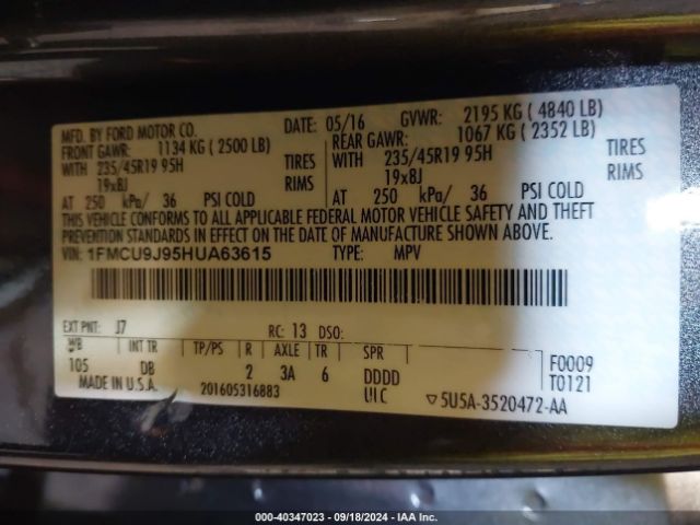 Photo 8 VIN: 1FMCU9J95HUA63615 - FORD ESCAPE 