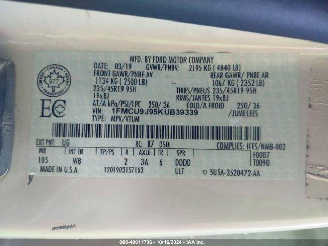 Photo 8 VIN: 1FMCU9J95KUB39339 - FORD ESCAPE 