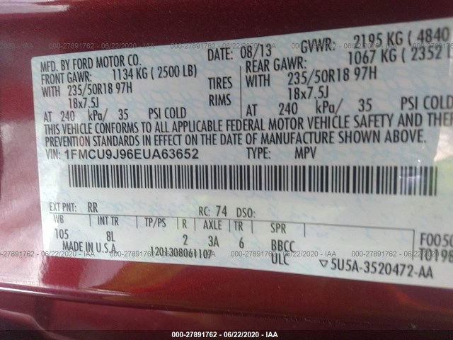 Photo 8 VIN: 1FMCU9J96EUA63652 - FORD ESCAPE 