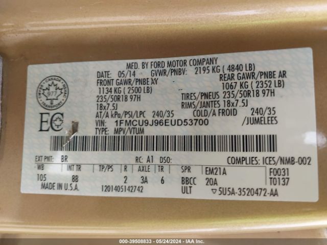 Photo 8 VIN: 1FMCU9J96EUD53700 - FORD ESCAPE 