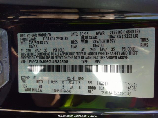 Photo 8 VIN: 1FMCU9J96GUB32598 - FORD ESCAPE 