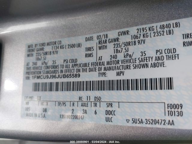 Photo 8 VIN: 1FMCU9J96JUB65589 - FORD ESCAPE 