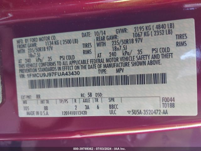 Photo 8 VIN: 1FMCU9J97FUA43430 - FORD ESCAPE 