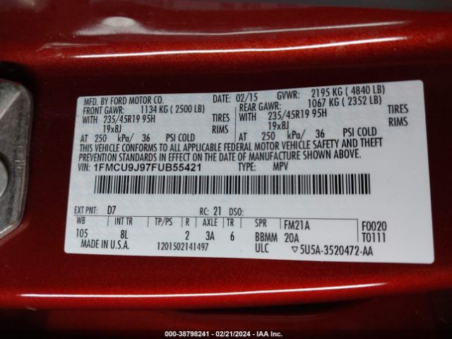 Photo 8 VIN: 1FMCU9J97FUB55421 - FORD ESCAPE 