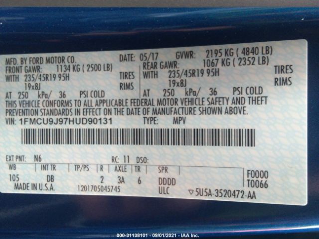 Photo 8 VIN: 1FMCU9J97HUD90131 - FORD ESCAPE 