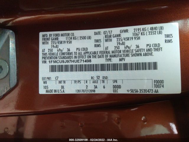 Photo 8 VIN: 1FMCU9J97HUE71498 - FORD ESCAPE 