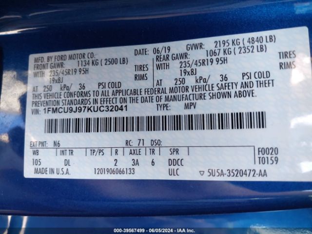 Photo 8 VIN: 1FMCU9J97KUC32041 - FORD ESCAPE 