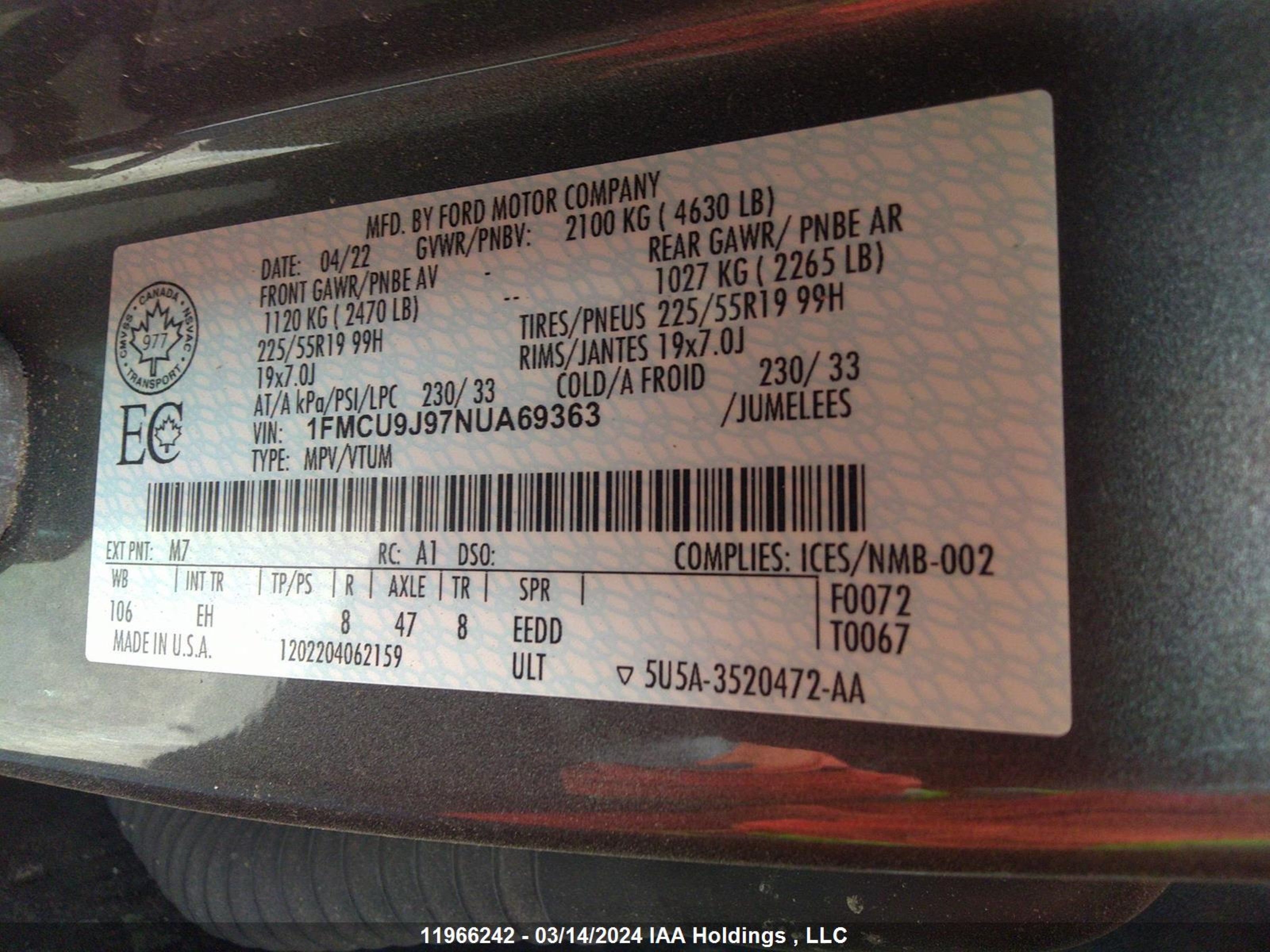 Photo 8 VIN: 1FMCU9J97NUA69363 - FORD ESCAPE 