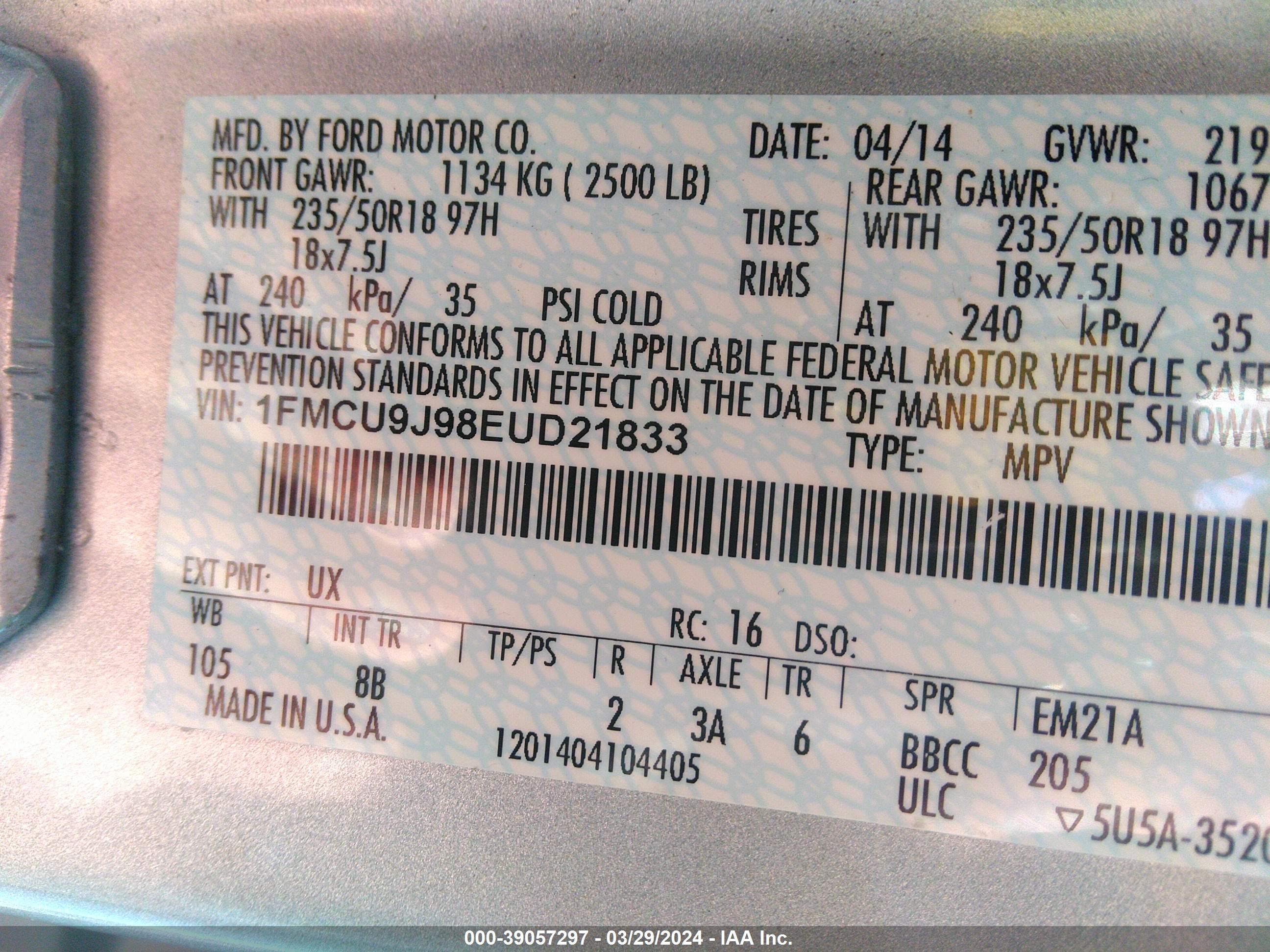 Photo 8 VIN: 1FMCU9J98EUD21833 - FORD ESCAPE 