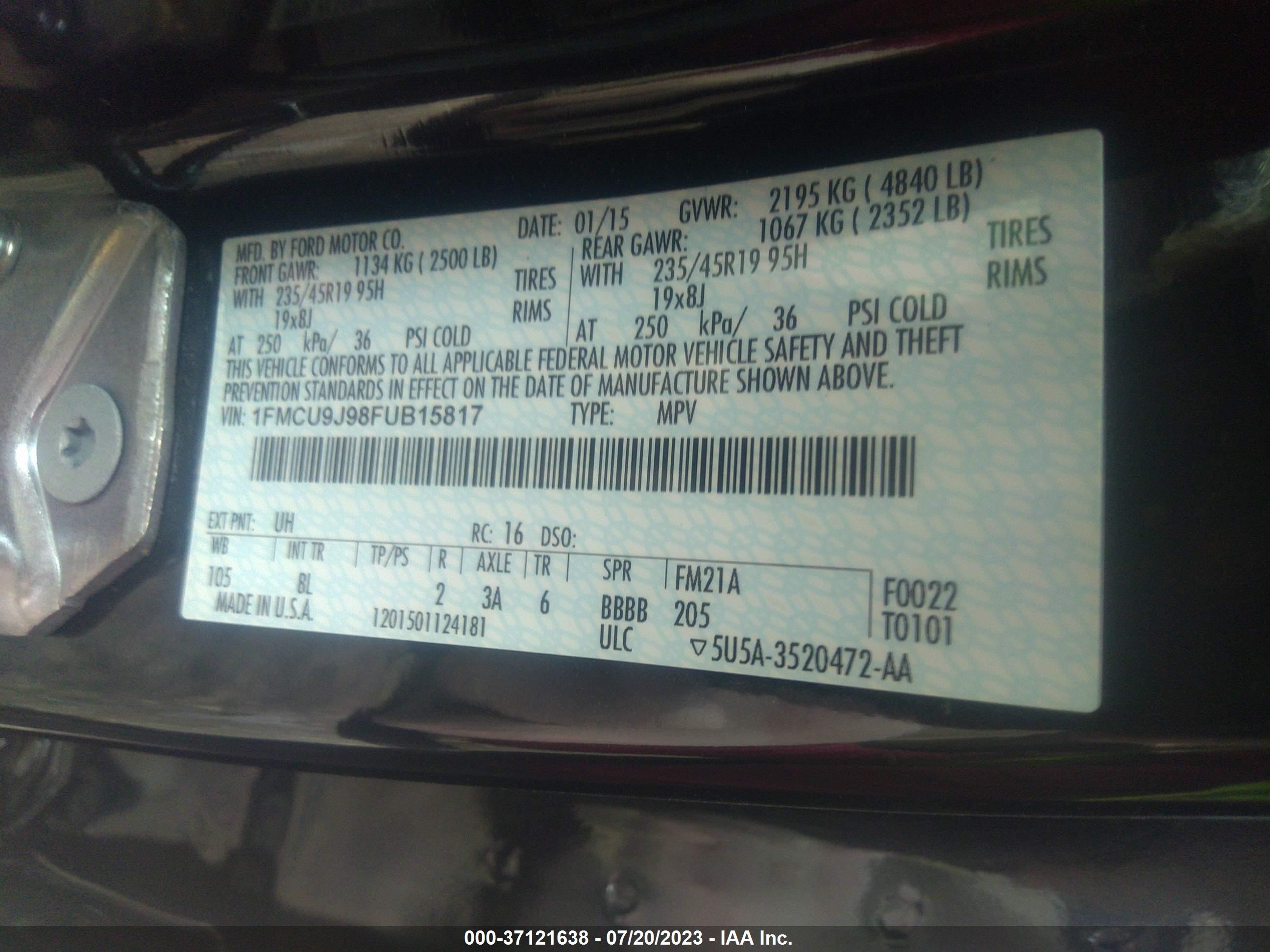 Photo 8 VIN: 1FMCU9J98FUB15817 - FORD ESCAPE 