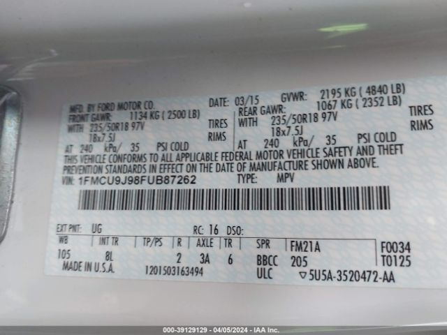 Photo 8 VIN: 1FMCU9J98FUB87262 - FORD ESCAPE 