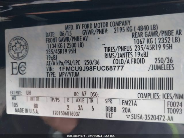 Photo 8 VIN: 1FMCU9J98FUC68777 - FORD ESCAPE 