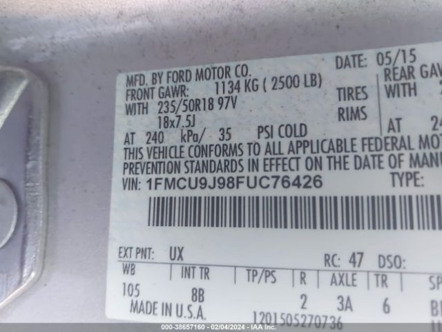 Photo 8 VIN: 1FMCU9J98FUC76426 - FORD ESCAPE 