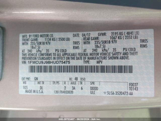 Photo 8 VIN: 1FMCU9J98HUD75475 - FORD ESCAPE 