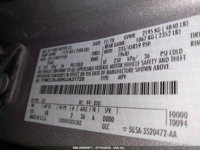 Photo 8 VIN: 1FMCU9J98KUA31720 - FORD ESCAPE 