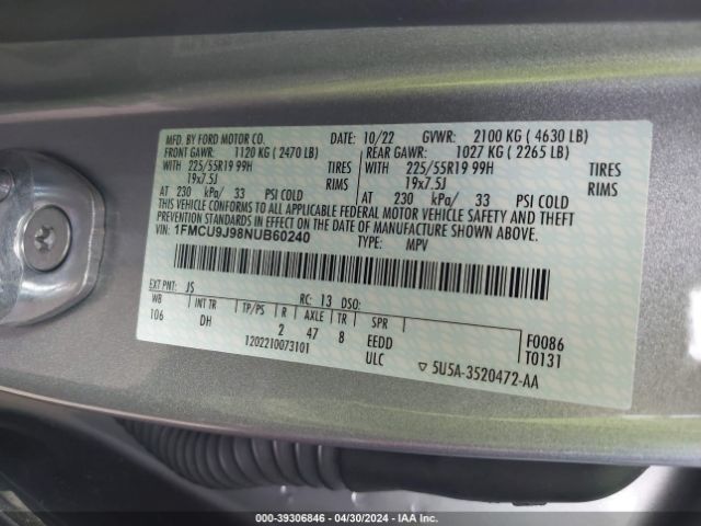 Photo 8 VIN: 1FMCU9J98NUB60240 - FORD ESCAPE 