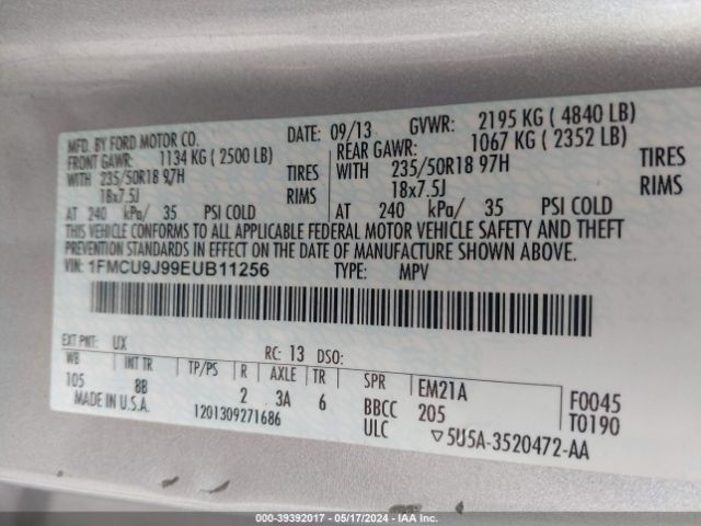 Photo 8 VIN: 1FMCU9J99EUB11256 - FORD ESCAPE 