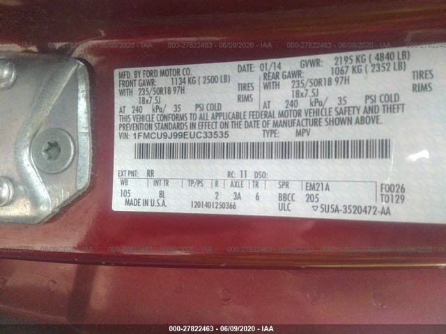 Photo 8 VIN: 1FMCU9J99EUC33535 - FORD ESCAPE 