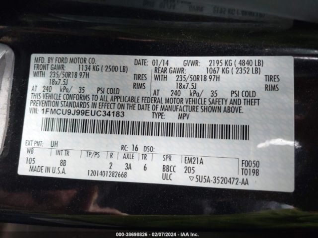 Photo 8 VIN: 1FMCU9J99EUC34183 - FORD ESCAPE 