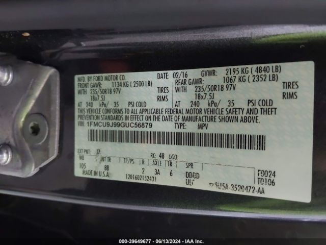 Photo 8 VIN: 1FMCU9J99GUC56879 - FORD ESCAPE 