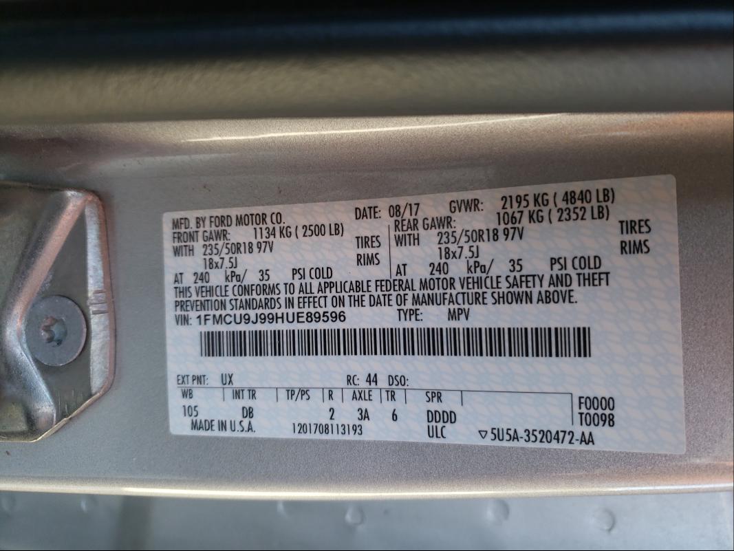 Photo 9 VIN: 1FMCU9J99HUE89596 - FORD ESCAPE TIT 