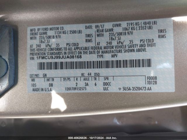 Photo 8 VIN: 1FMCU9J99JUA08168 - FORD ESCAPE 