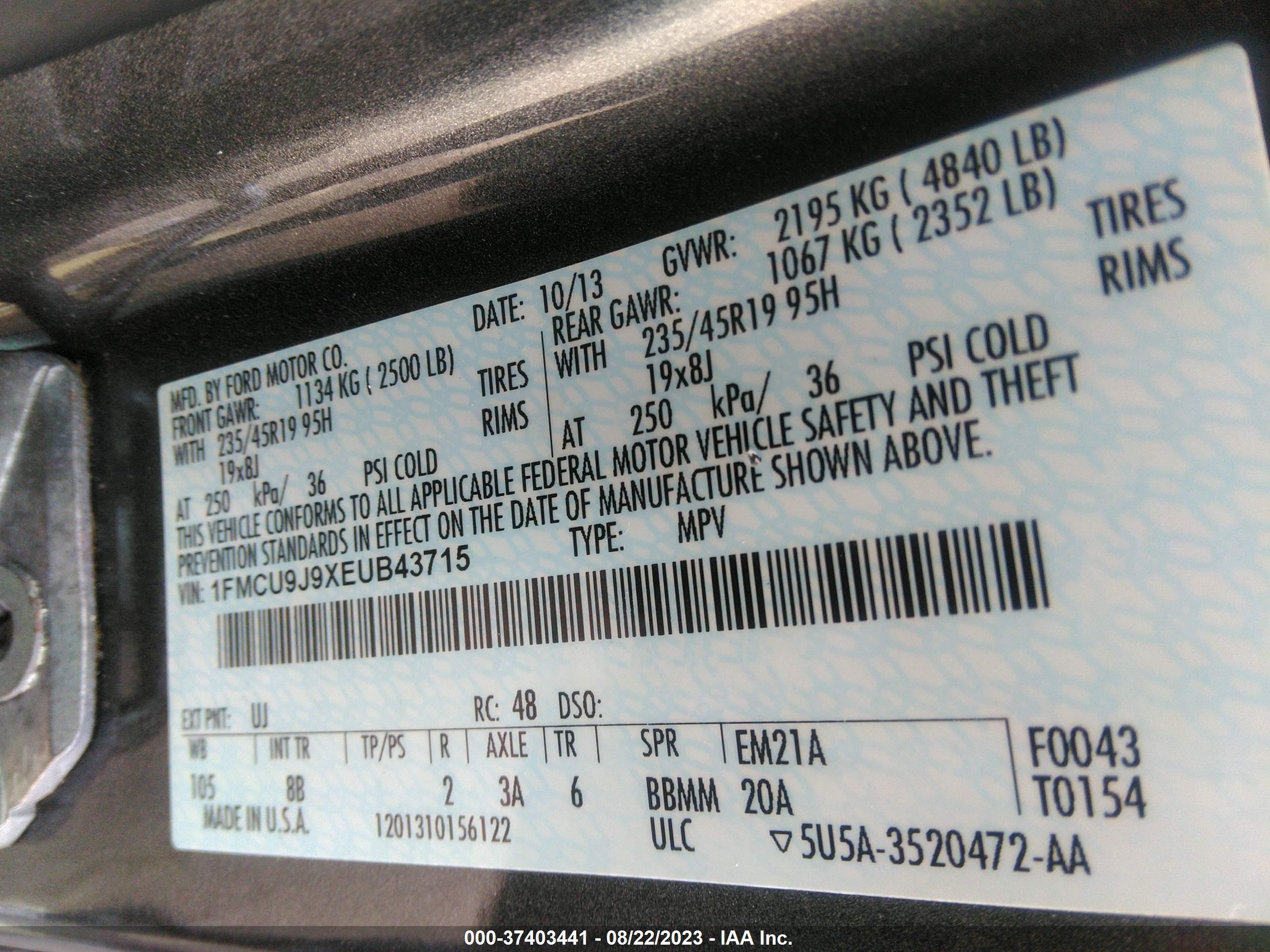 Photo 8 VIN: 1FMCU9J9XEUB43715 - FORD ESCAPE 