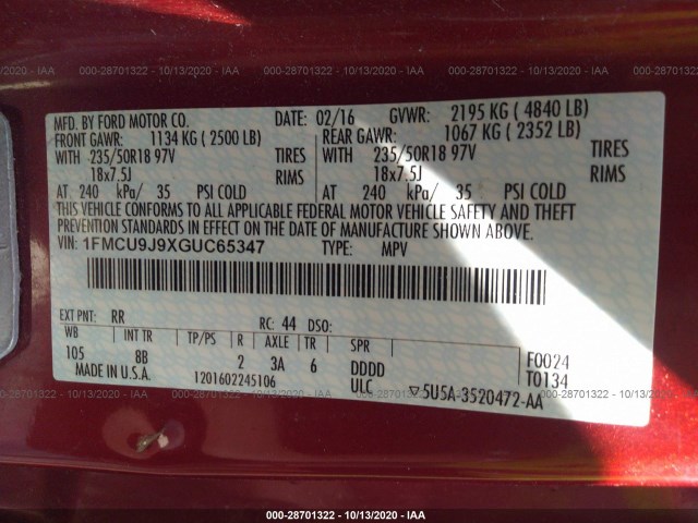 Photo 8 VIN: 1FMCU9J9XGUC65347 - FORD ESCAPE 