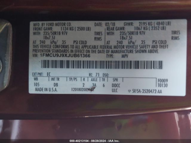 Photo 8 VIN: 1FMCU9J9XJUB61366 - FORD ESCAPE 