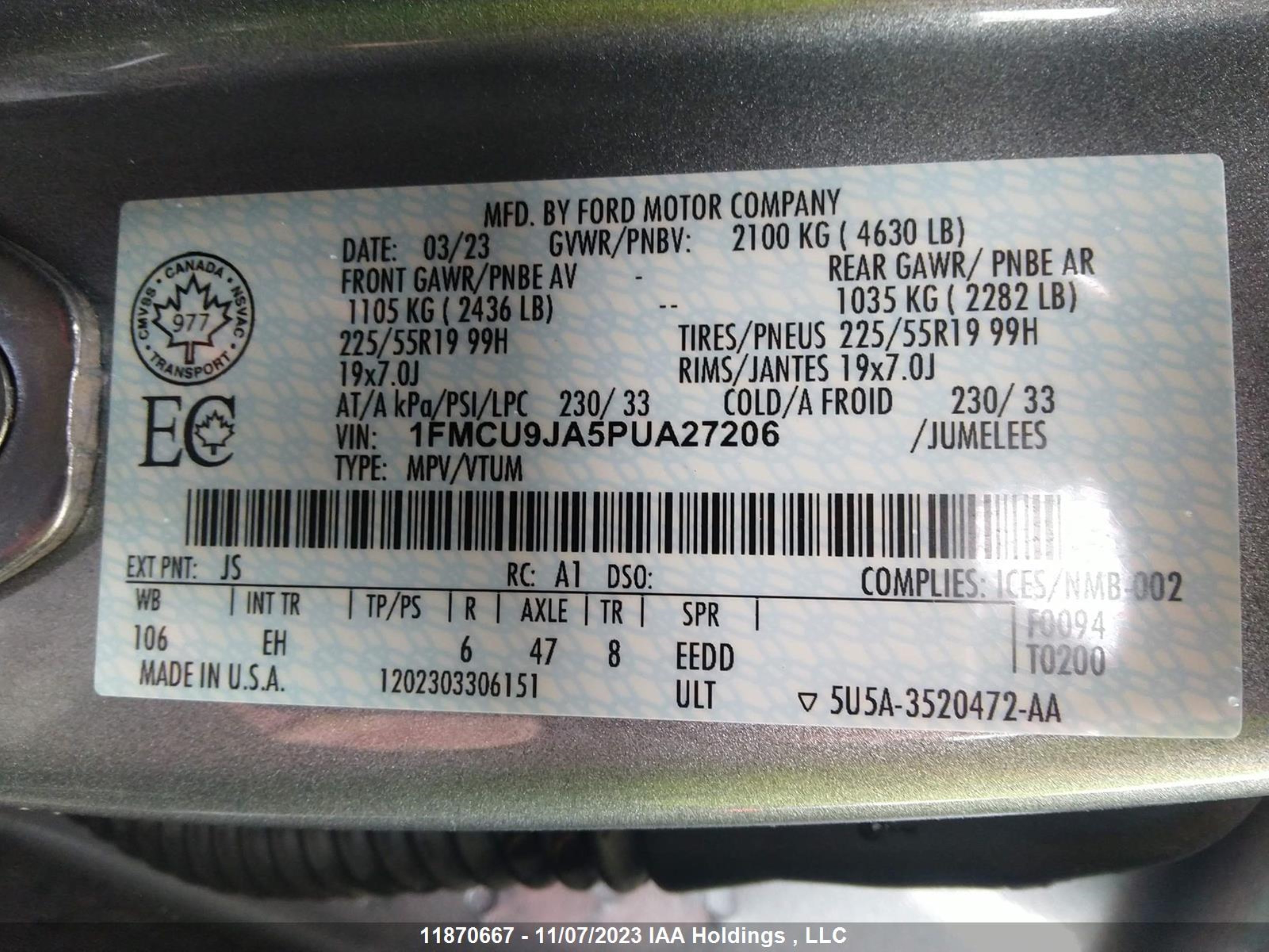 Photo 8 VIN: 1FMCU9JA5PUA27206 - FORD ESCAPE 