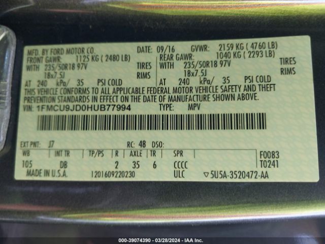 Photo 8 VIN: 1FMCU9JD0HUB77994 - FORD ESCAPE 