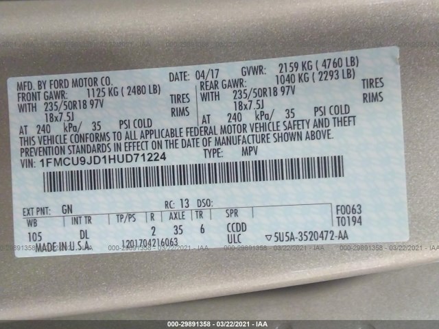 Photo 8 VIN: 1FMCU9JD1HUD71224 - FORD ESCAPE 