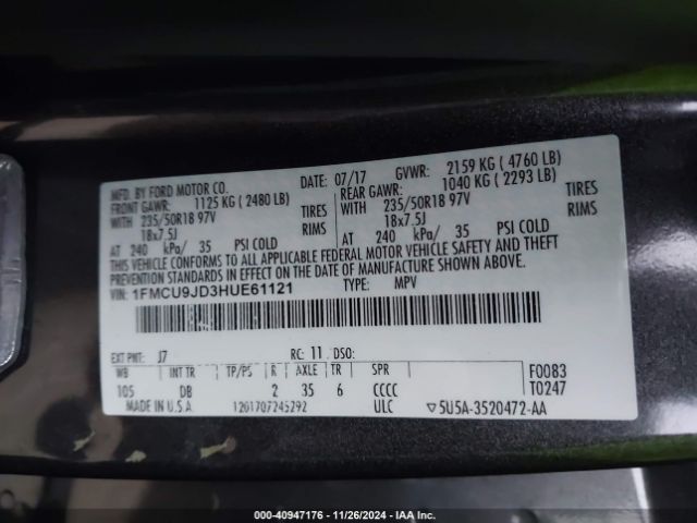 Photo 8 VIN: 1FMCU9JD3HUE61121 - FORD ESCAPE 