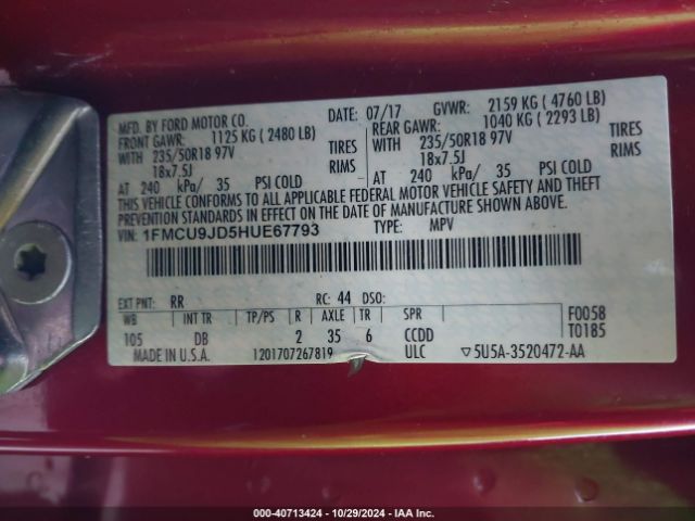 Photo 8 VIN: 1FMCU9JD5HUE67793 - FORD ESCAPE 