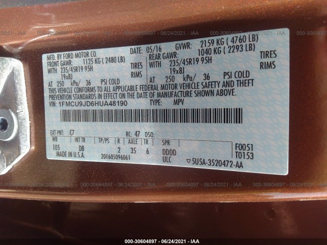 Photo 8 VIN: 1FMCU9JD6HUA48190 - FORD ESCAPE 