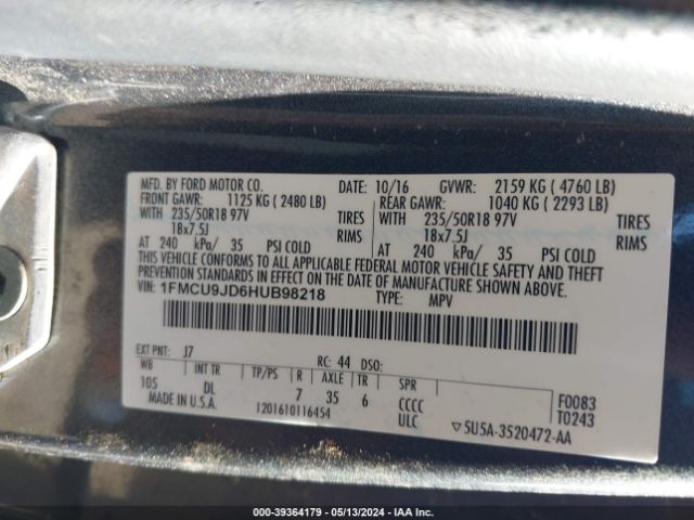 Photo 8 VIN: 1FMCU9JD6HUB98218 - FORD ESCAPE 