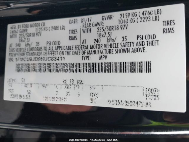 Photo 8 VIN: 1FMCU9JD9HUC83411 - FORD ESCAPE 