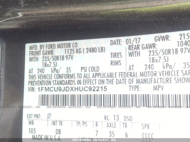 Photo 8 VIN: 1FMCU9JDXHUC92215 - FORD ESCAPE 