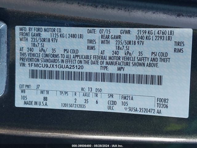 Photo 8 VIN: 1FMCU9JX1GUA25120 - FORD ESCAPE 