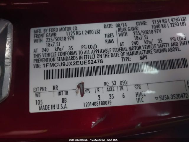 Photo 8 VIN: 1FMCU9JX2EUE52478 - FORD ESCAPE 