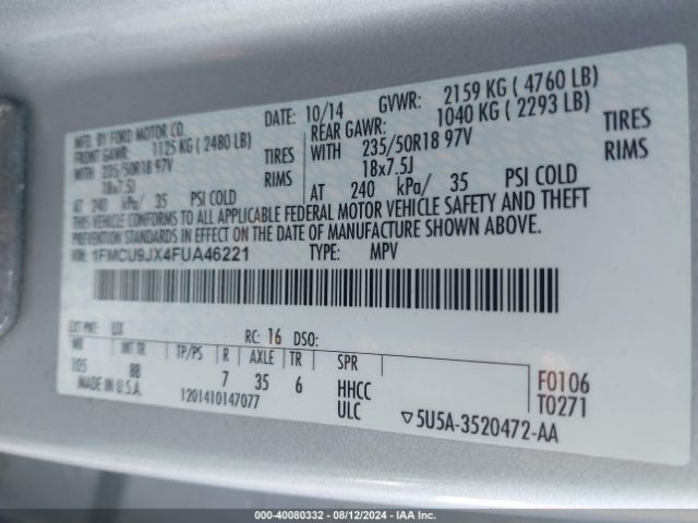 Photo 8 VIN: 1FMCU9JX4FUA46221 - FORD ESCAPE 