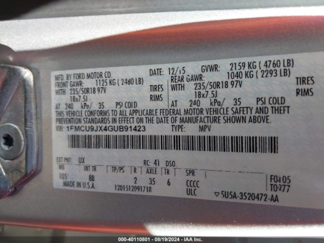 Photo 8 VIN: 1FMCU9JX4GUB91423 - FORD ESCAPE 