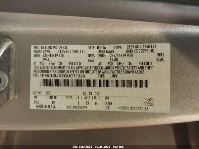 Photo 8 VIN: 1FMCU9JX5GUC71328 - FORD ESCAPE 